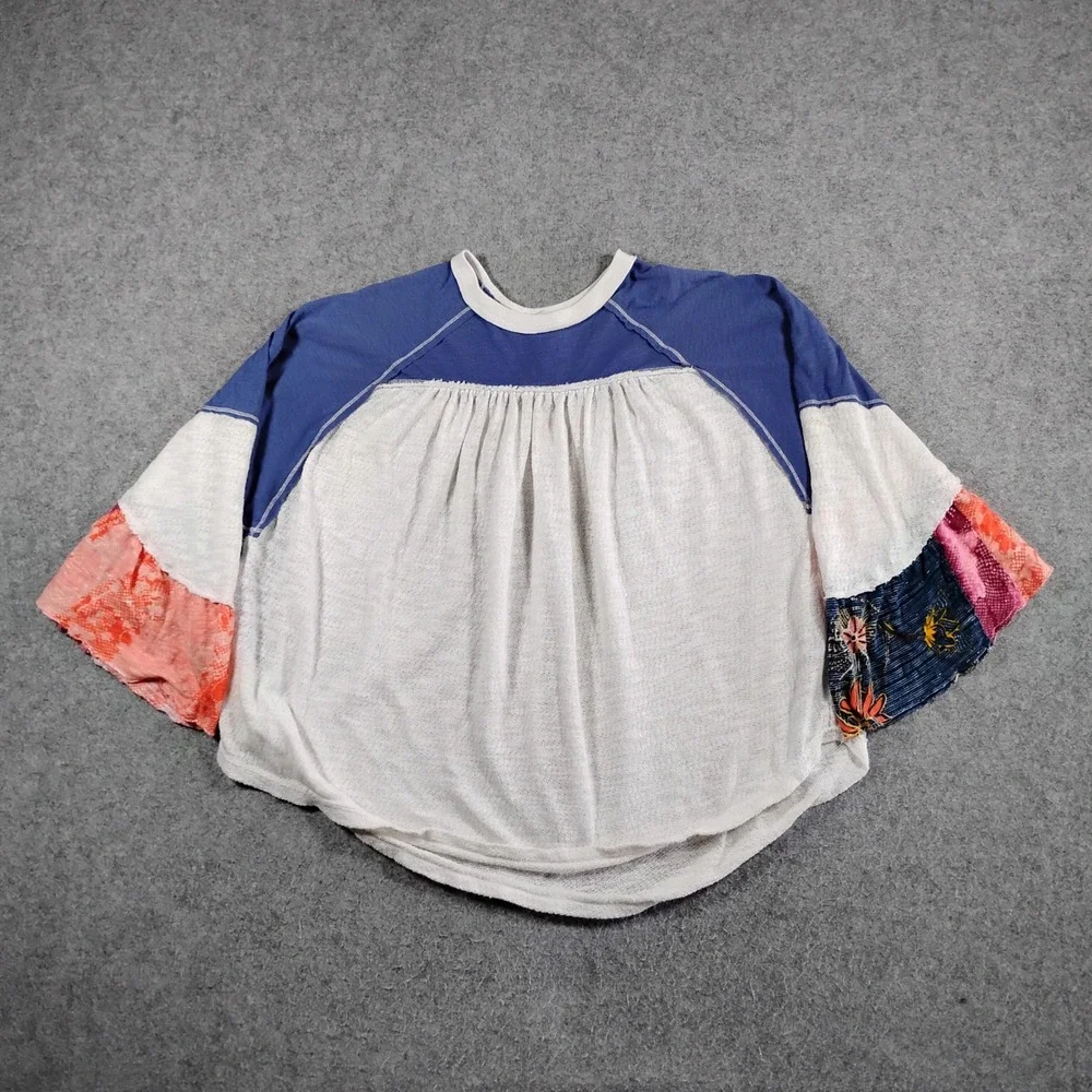 We The Free People Womens XS Friday Fever Blue White Bell Sleeve Boho Top